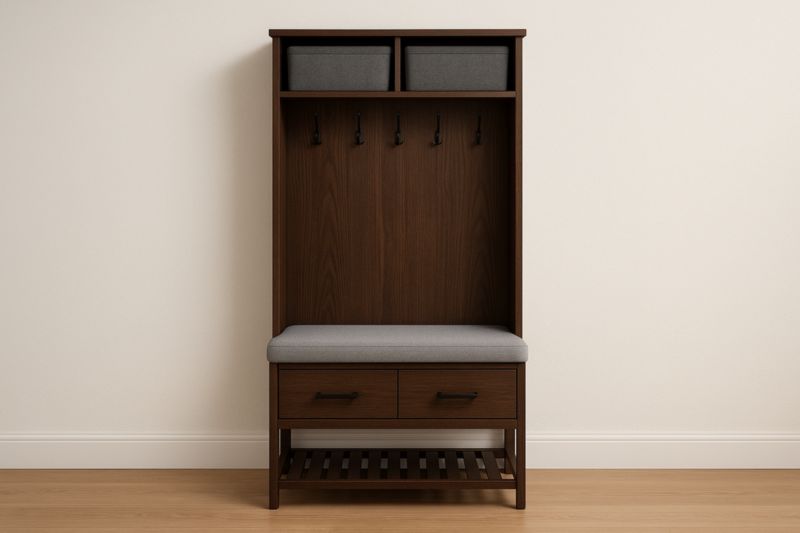 Porte-manteau en bois de noyer avec banc et tiroirs