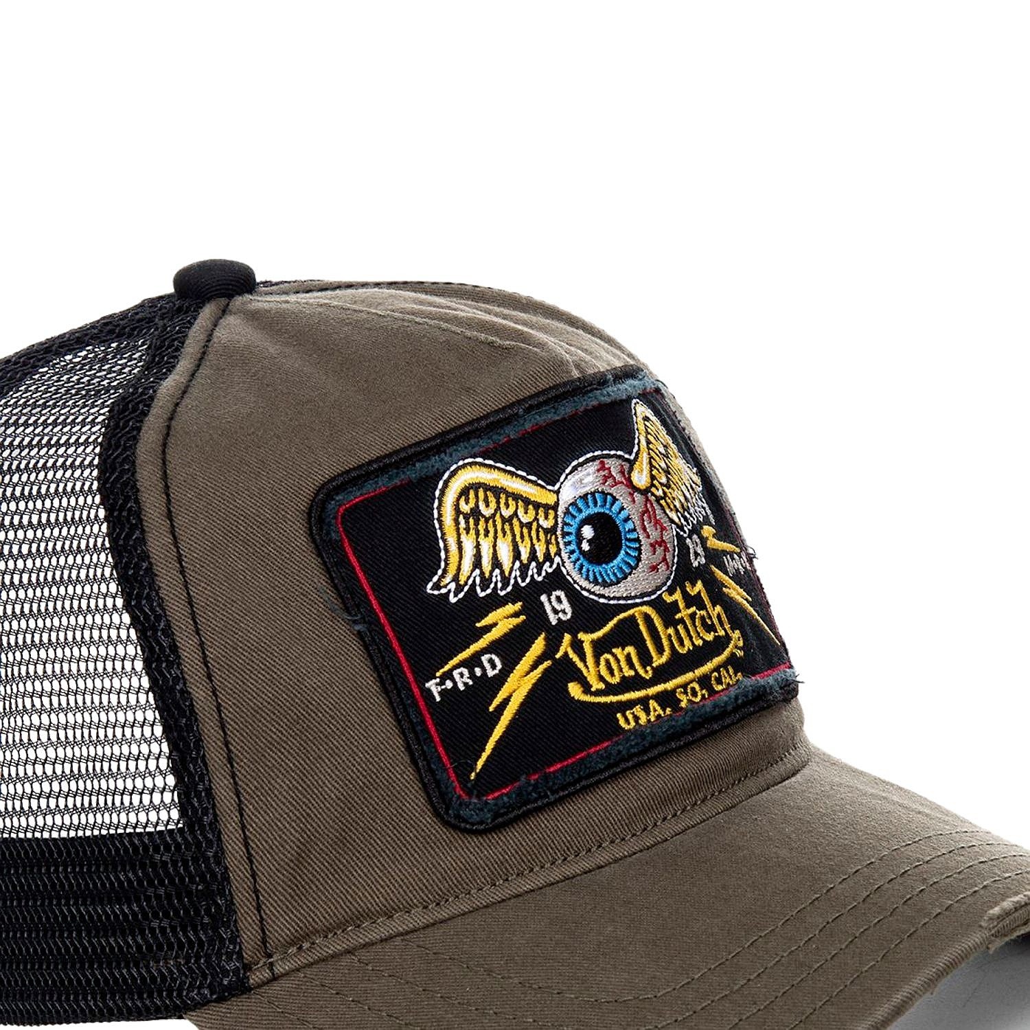 Von Dutch Square Patch Distressed Olive Trucker Snapback Cap
