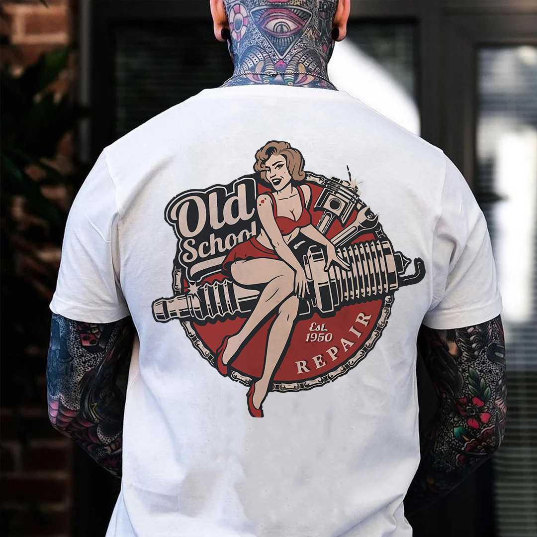 OLD SCHOOL Motorcycle Lady Black Print T-Shirt