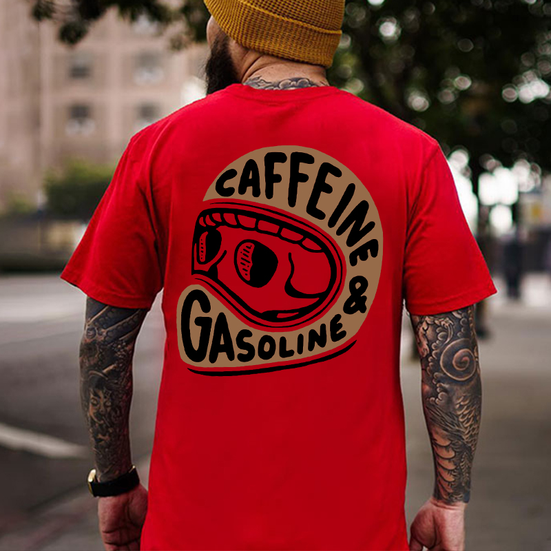 Modern Orange or Black Caffeine & Gasoline White Print T-shirt