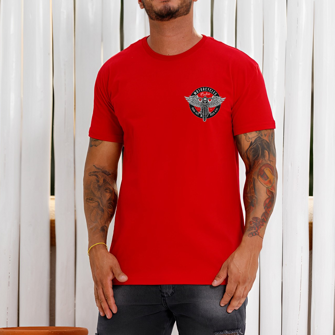 MOTORCYCLES BORN FREE Motor with Wings Casual Graphic Black Print T-shirt