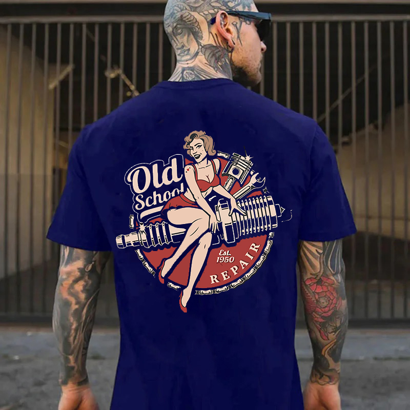 OLD SCHOOL Motorcycle Lady Black Print T-Shirt