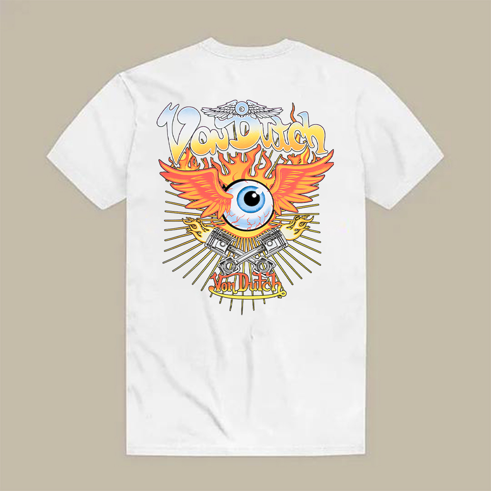 Von Dutch Flying Eyeball Pistons Flames Printed Men's T-shirt