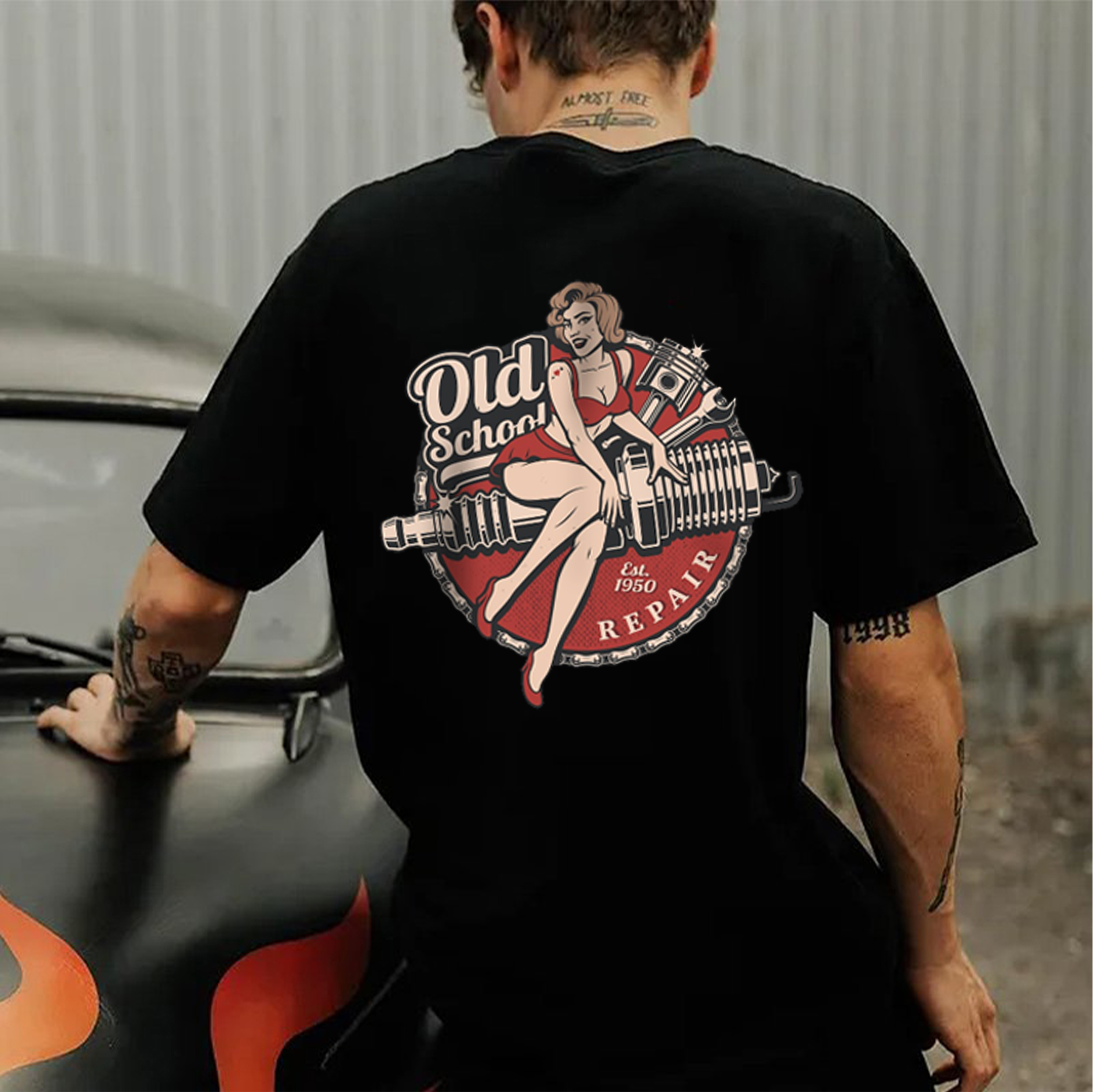 OLD SCHOOL Motorcycle Lady Black Print T-Shirt