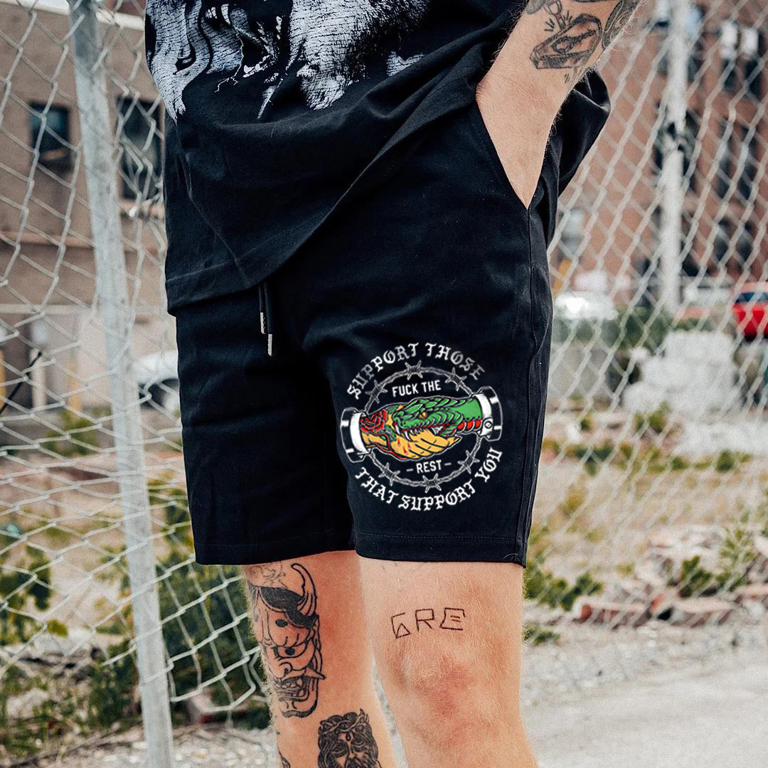 SUPPORT THOSE THAT SUPPORT YOU Snake Hand Black Print Shorts