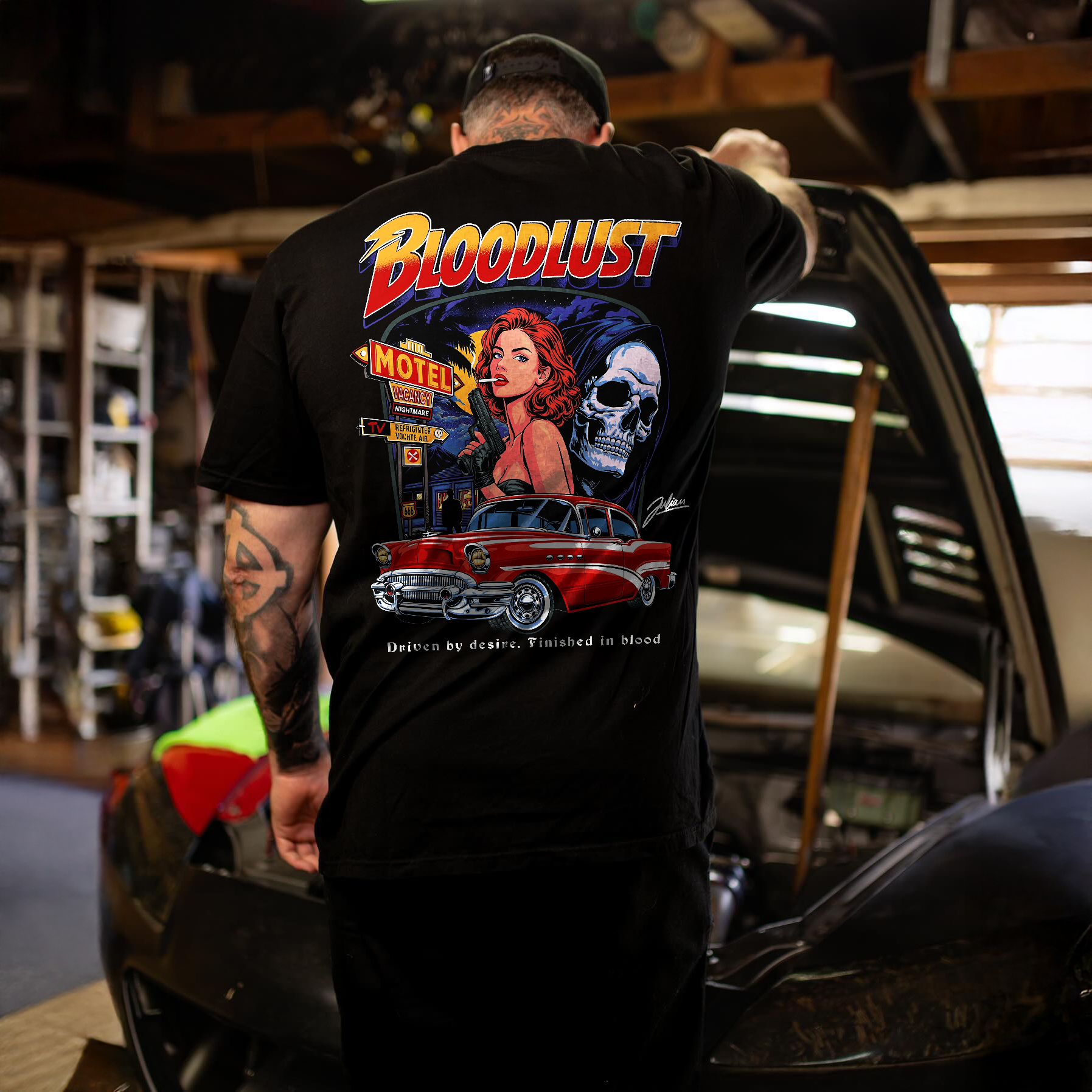 Bloodlust Motel Red Hot Rod Grim Reaper Driven By Desire Printed Men's T-shirt