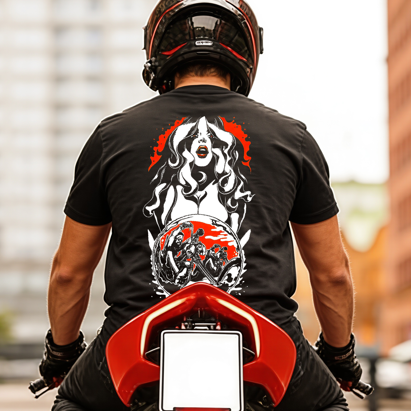 Red And White Biker Woman Printed Men's T-shirt