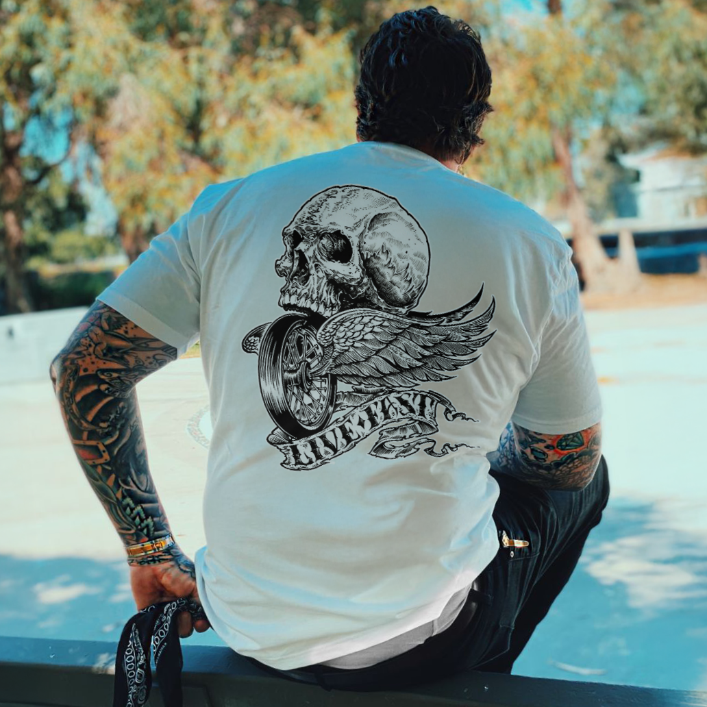 Ride Free Skull Winged Wheel Printed Men's T-shirt