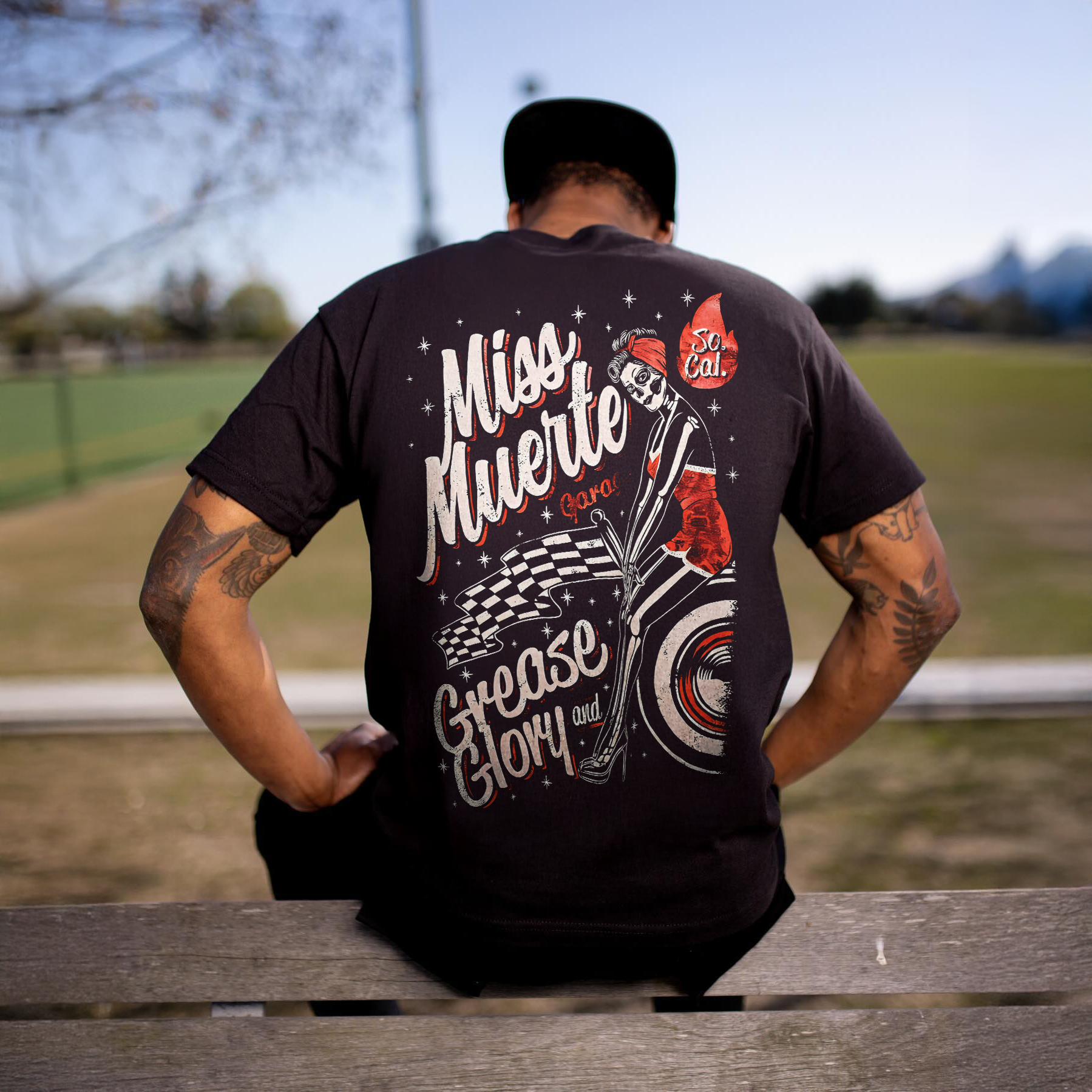 Miss Muerte Garage Grease And Glory So. Cal. Skeleton Pin-up Printed Men's T-shirt