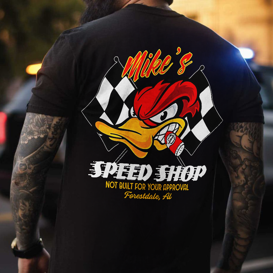 Mike's Speed Shop Angry Duck Checkered Flag Printed Men's T-shirt