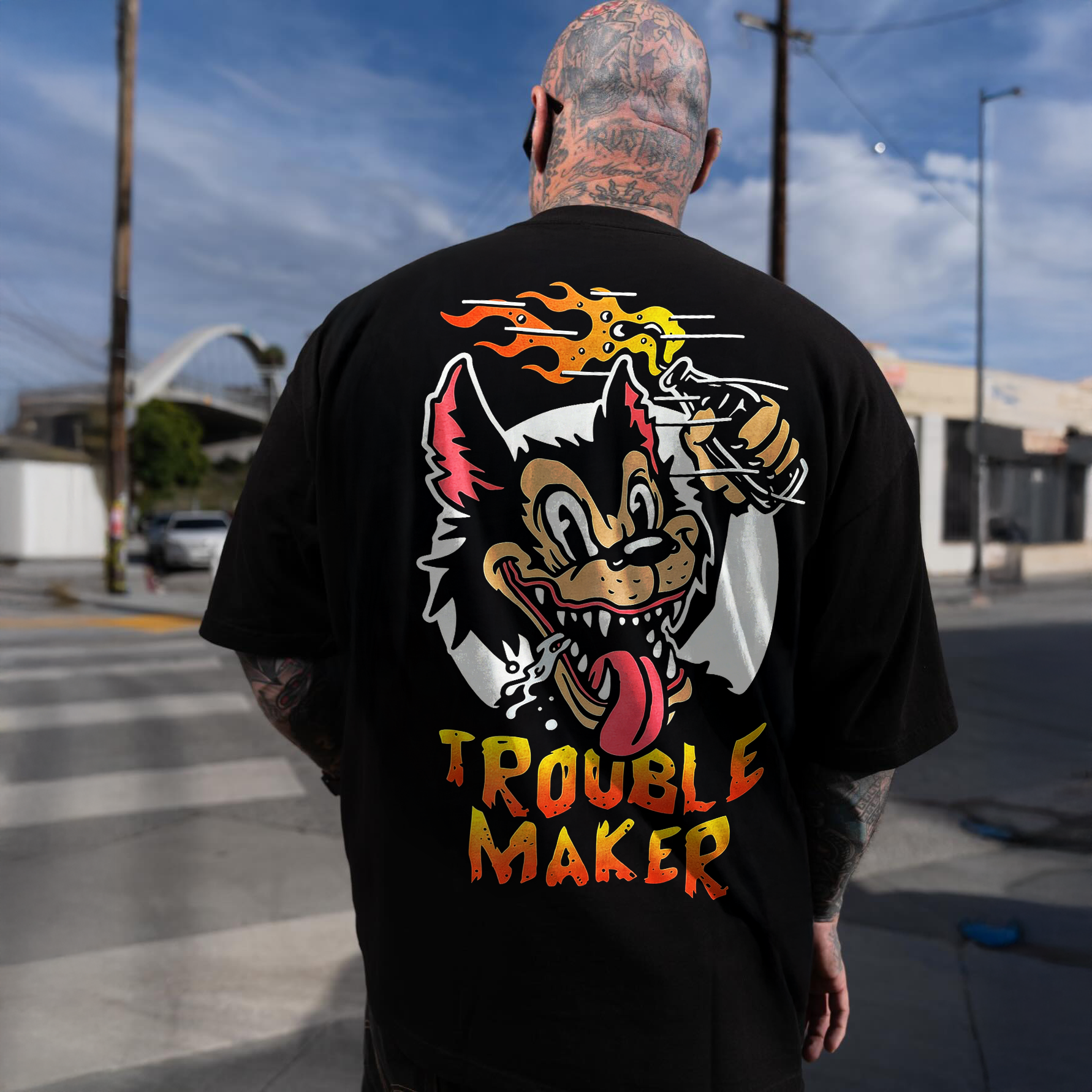 Trouble Maker Retro Wolf Printed Men's T-shirt