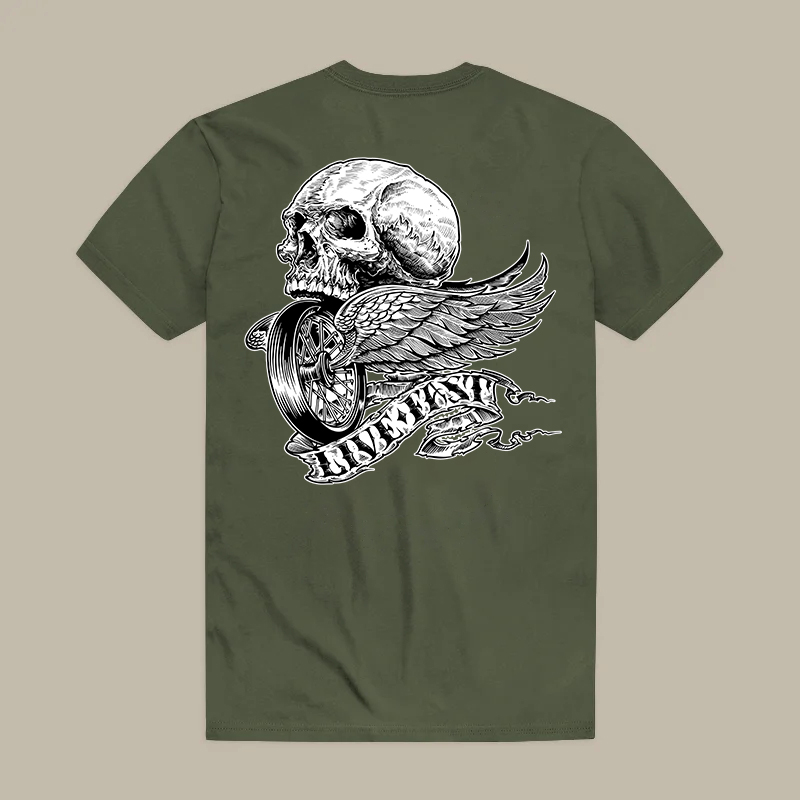 Ride Free Skull Winged Wheel Printed Men's T-shirt