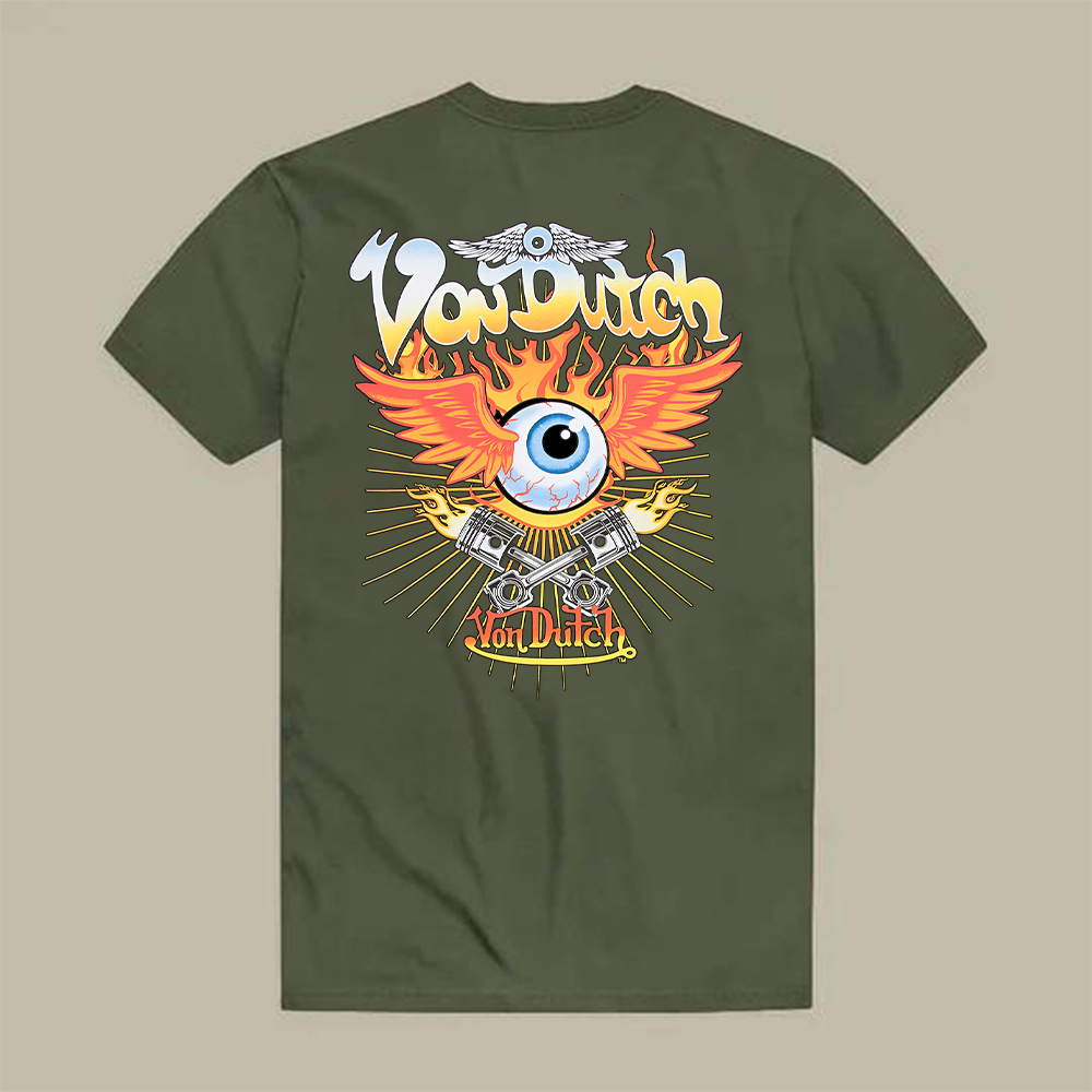 Von Dutch Flying Eyeball Pistons Flames Printed Men's T-shirt