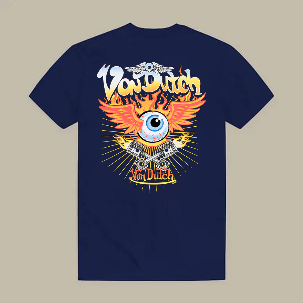 Von Dutch Flying Eyeball Pistons Flames Printed Men's T-shirt