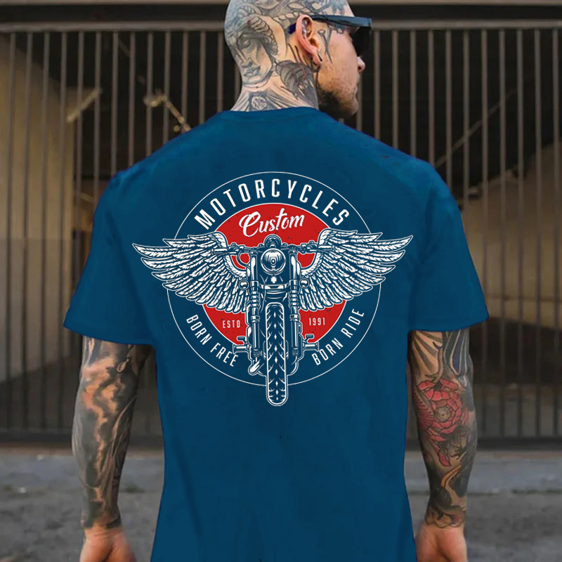 MOTORCYCLES BORN FREE Motor with Wings Casual Graphic Black Print T-shirt