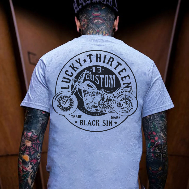LUCKY THIRTEEN Motorcycle Black Print T-shirt