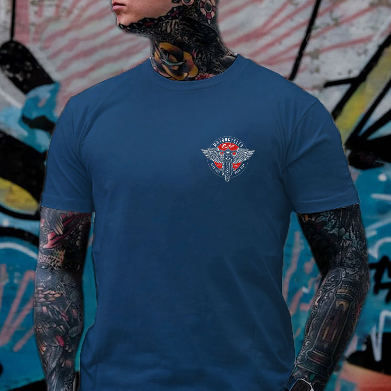 MOTORCYCLES BORN FREE Motor with Wings Casual Graphic Black Print T-shirt