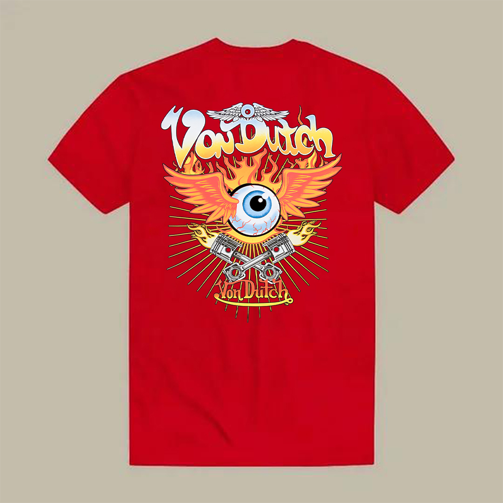 Von Dutch Flying Eyeball Pistons Flames Printed Men's T-shirt