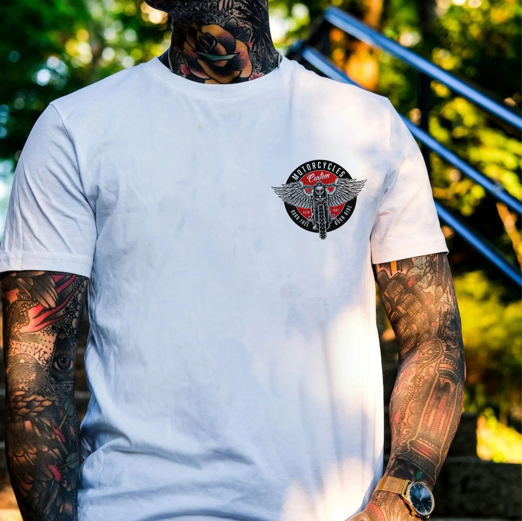 MOTORCYCLES BORN FREE Motor with Wings Casual Graphic Black Print T-shirt