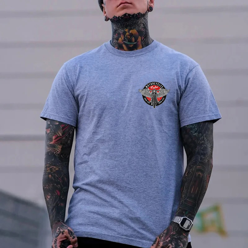 MOTORCYCLES BORN FREE Motor with Wings Casual Graphic Black Print T-shirt