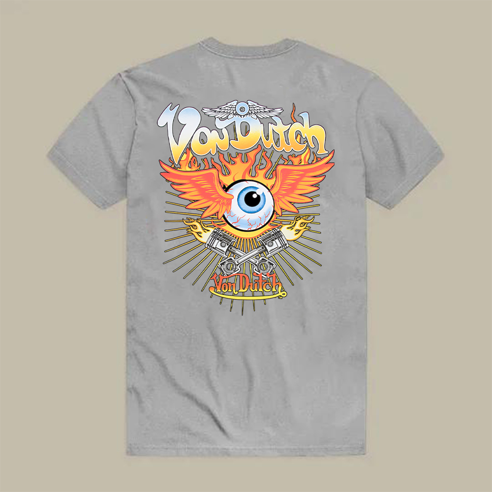 Von Dutch Flying Eyeball Pistons Flames Printed Men's T-shirt