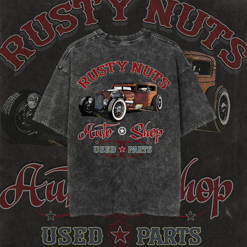 RUSTY NUTS AUTO SHOP Classic Car Print Men's Washed T-shirt
