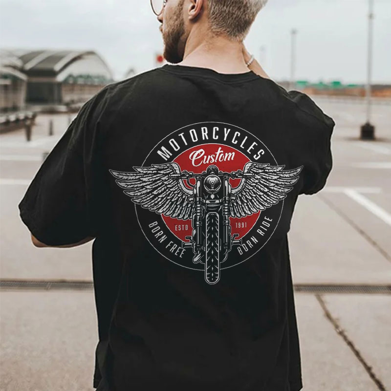MOTORCYCLES BORN FREE Motor with Wings Casual Graphic Black Print T-shirt