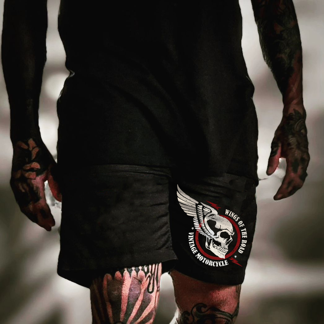 WINGS OF THE ROAD VINTAGE MOTORCYCLE Skull Black Print Shorts