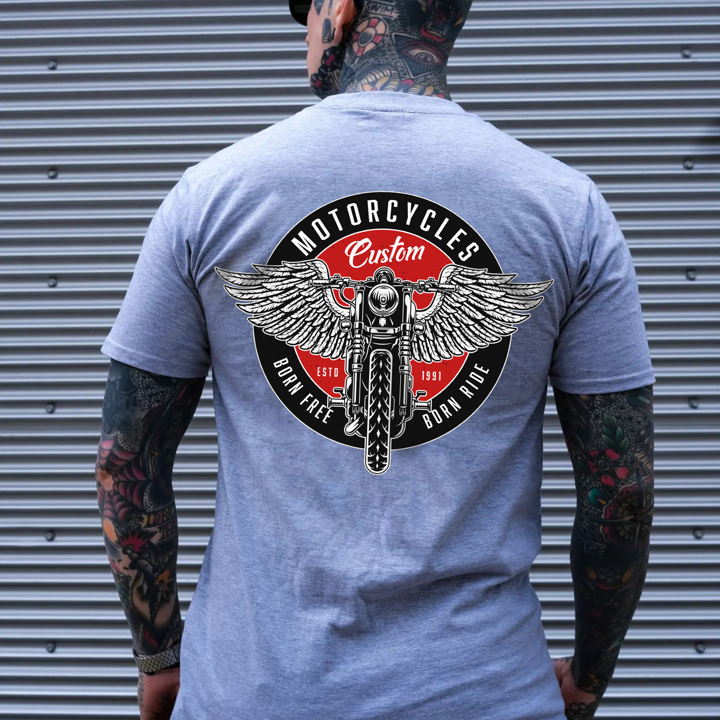 MOTORCYCLES BORN FREE Motor with Wings Casual Graphic Black Print T-shirt