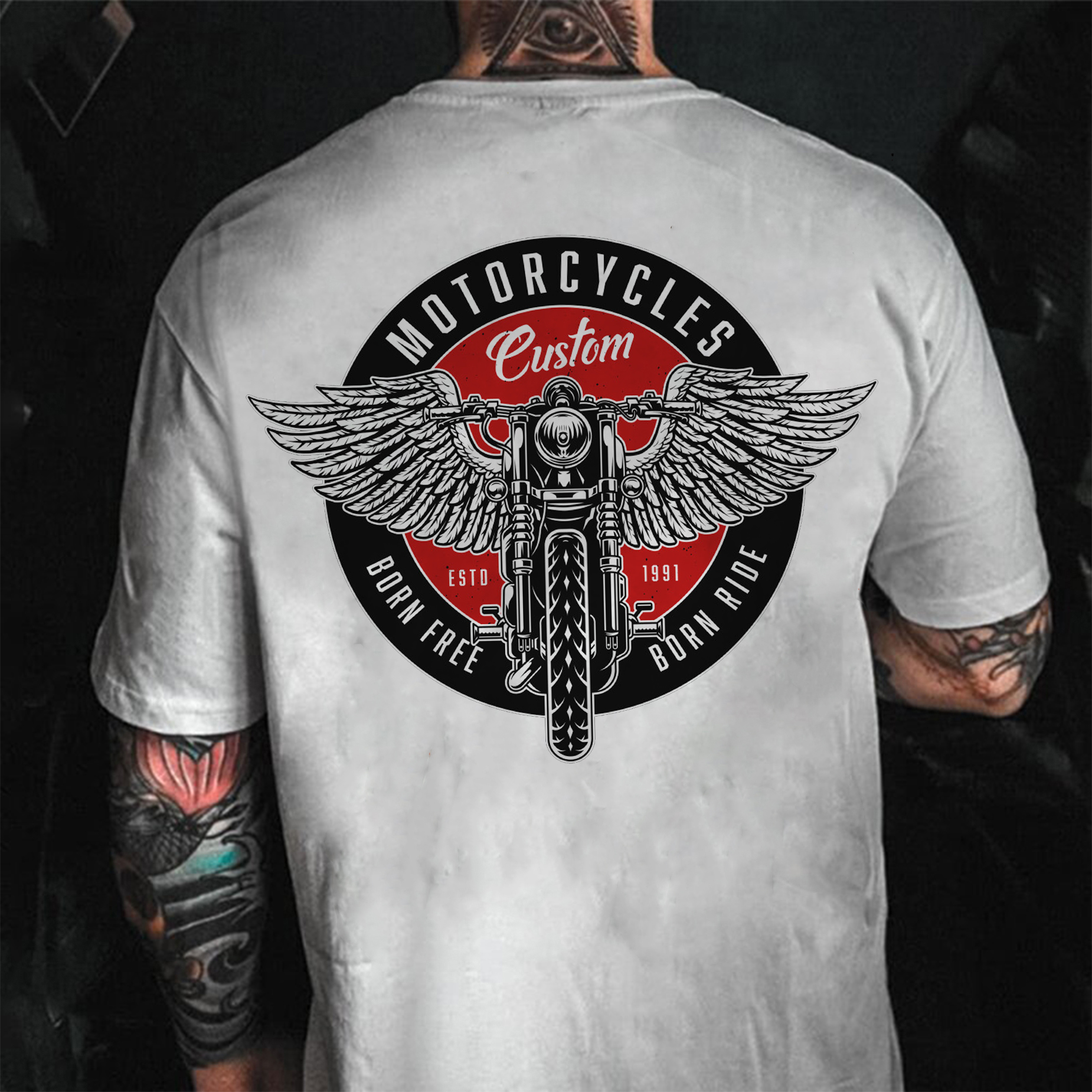 MOTORCYCLES BORN FREE Motor with Wings Casual Graphic Black Print T-shirt