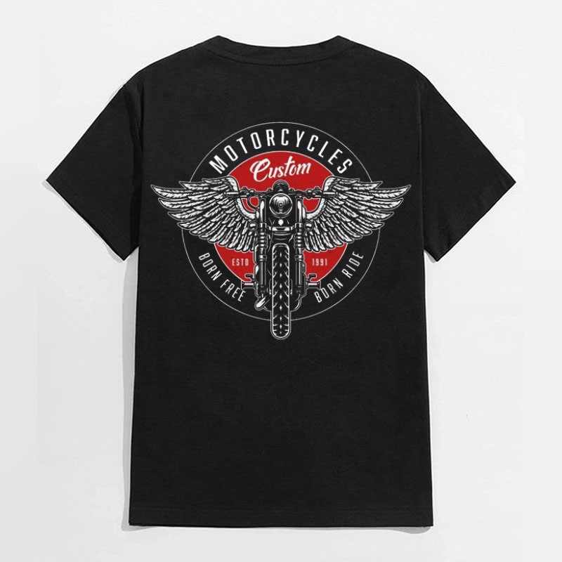 MOTORCYCLES BORN FREE Motor with Wings Casual Graphic Black Print T-shirt