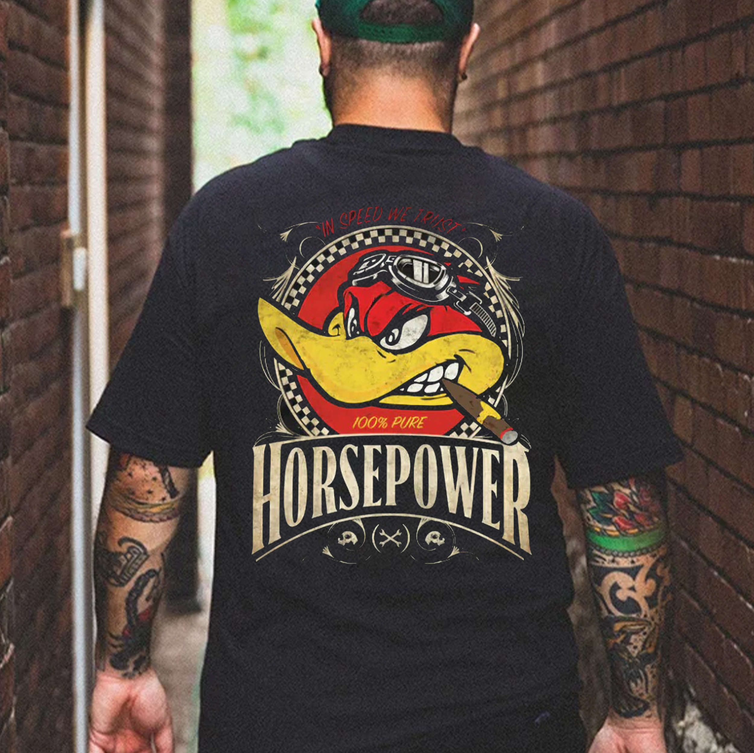 IN SPEED WE TRUST HORSEPOWER Duck With Cigar Print Men's T-shirt