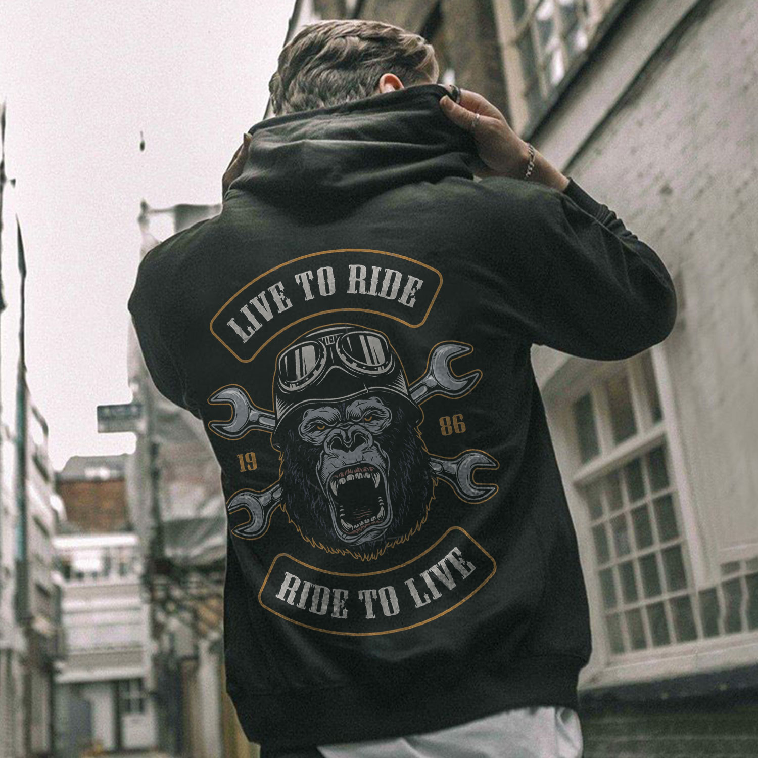 LIVE TO RIDE Skull with Helmet Graphic Black Print Hoodie