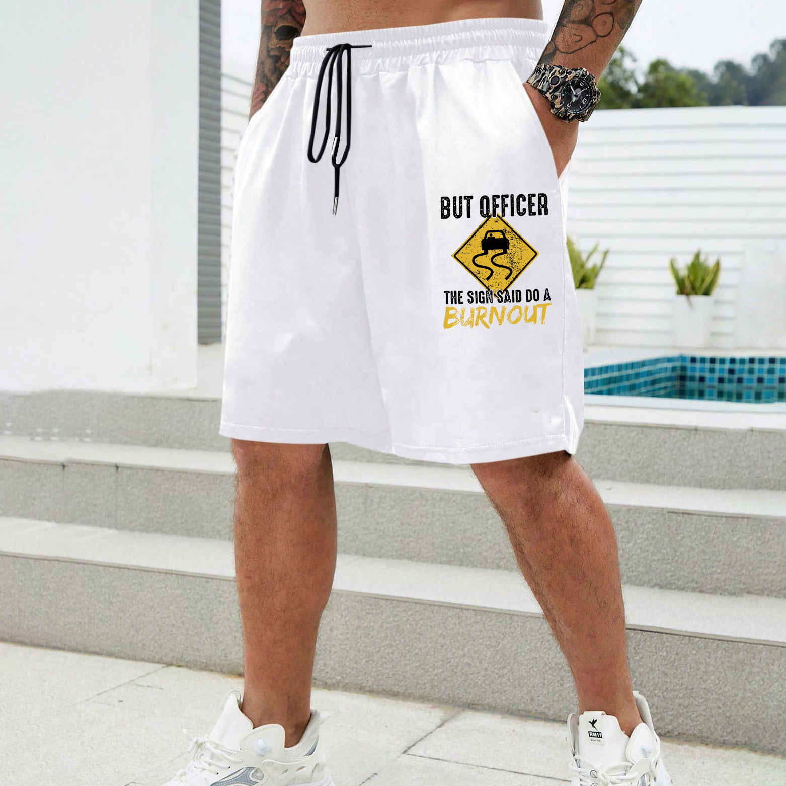 BUT OFFICER THE SIGN SAID DO A BURNOUT Road Signs Print Men's Shorts