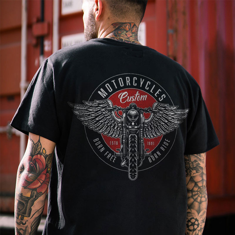 MOTORCYCLES BORN FREE Motor with Wings Casual Graphic Black Print T-shirt