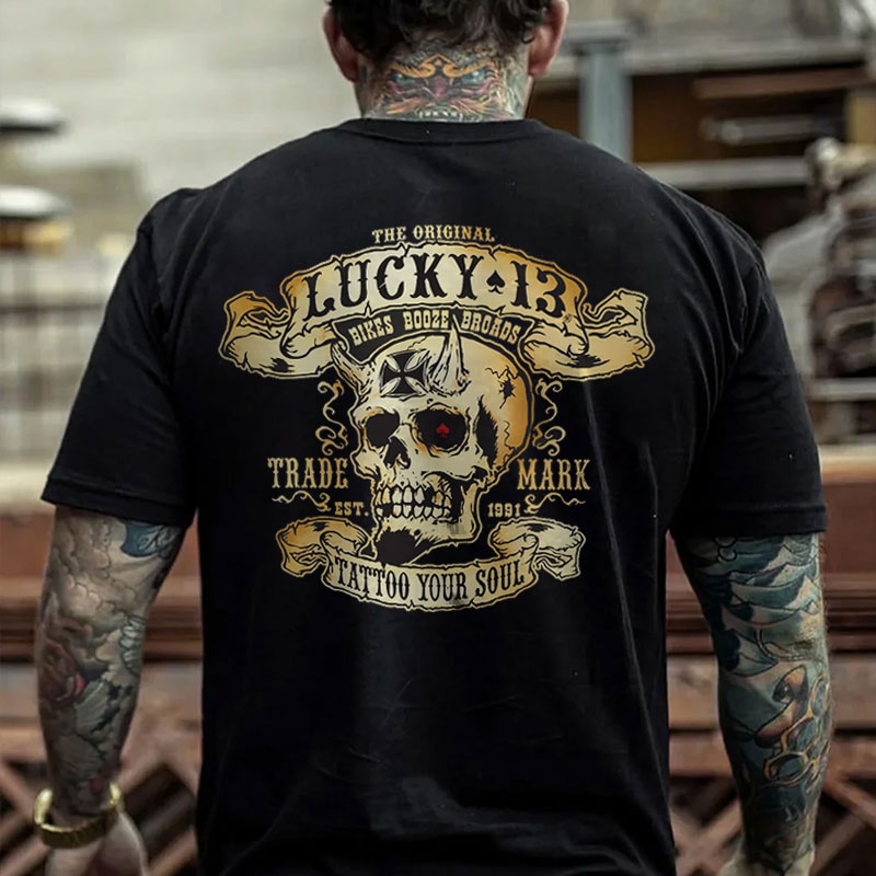 LUCKY THIRTEEN Skull Black Print T-shirt
