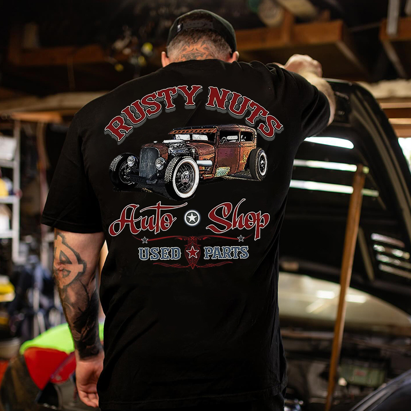 RUSTY NUTS AUTO SHOP Classic Car Print Men's T-shirt