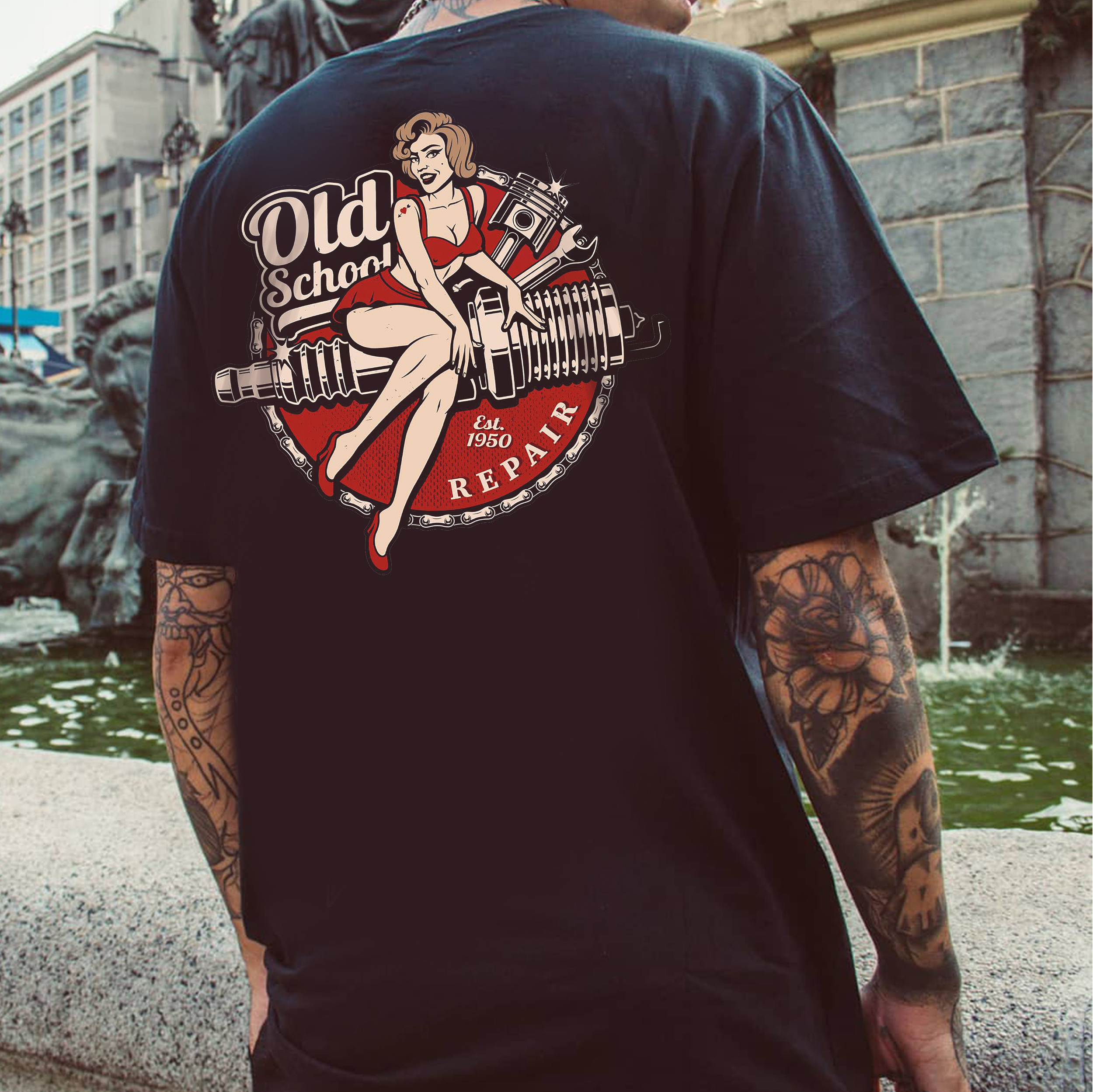 OLD SCHOOL Motorcycle Lady Black Print T-Shirt