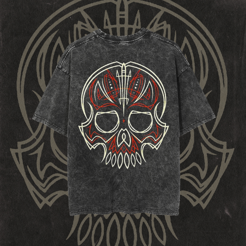 Phantom Pinstripe Skull Print Men's Washed T-shirt