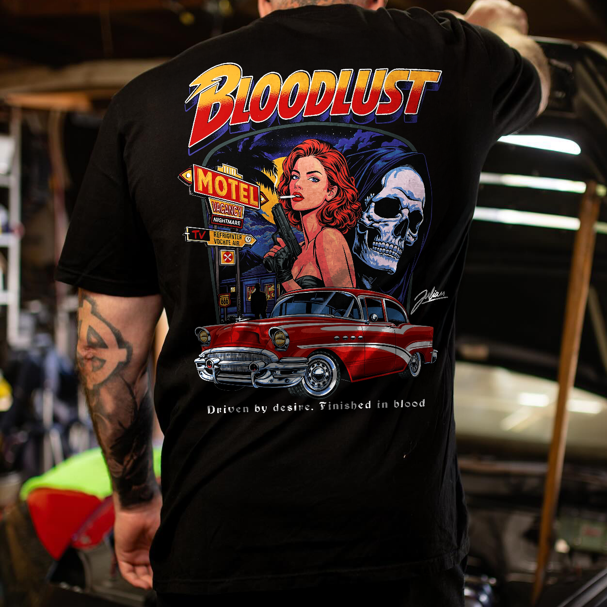 Bloodlust Motel Red Hot Rod Grim Reaper Driven By Desire Printed Men's T-shirt