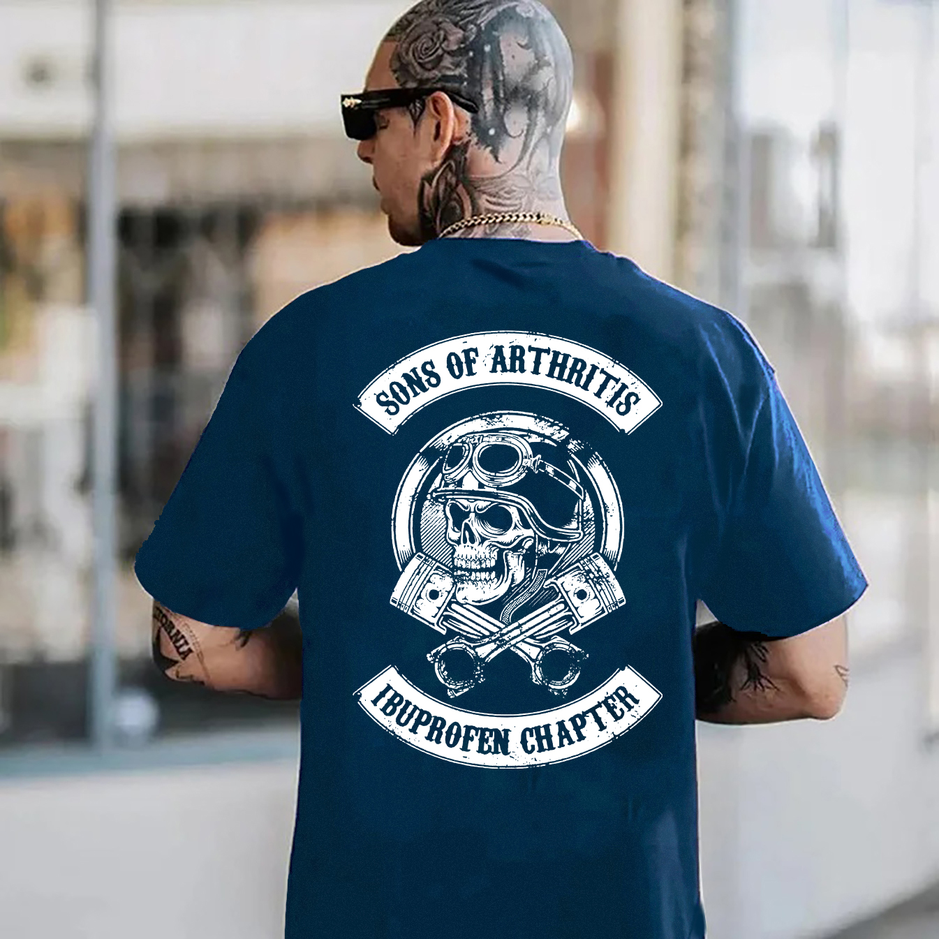 SONS OF ARTHRITIS Skull with Helmet Black Print T-shirt