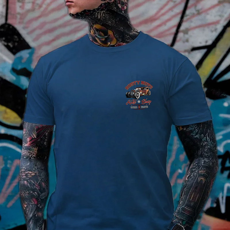 RUSTY NUTS AUTO SHOP Classic Car Print Men's T-shirt