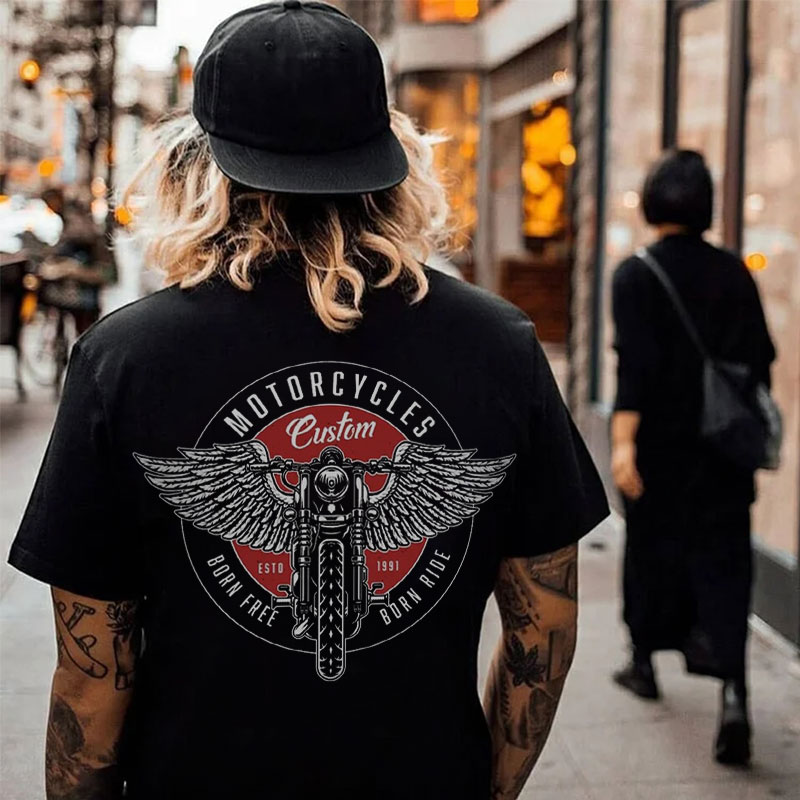 MOTORCYCLES BORN FREE Motor with Wings Casual Graphic Black Print T-shirt