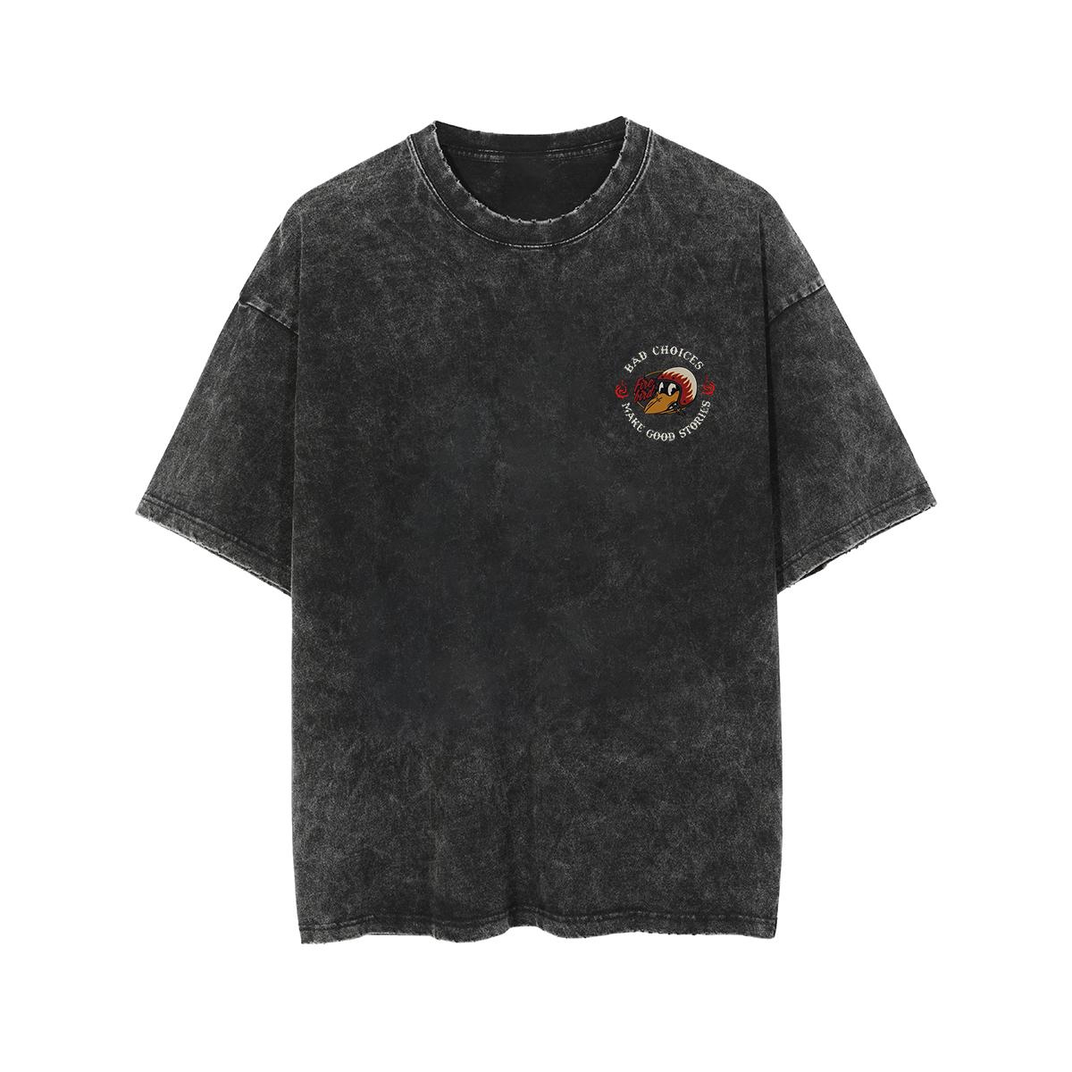 BAD CHOICES MAKE GOOD STORIES Fire Bird Black Print Washed T-shirt