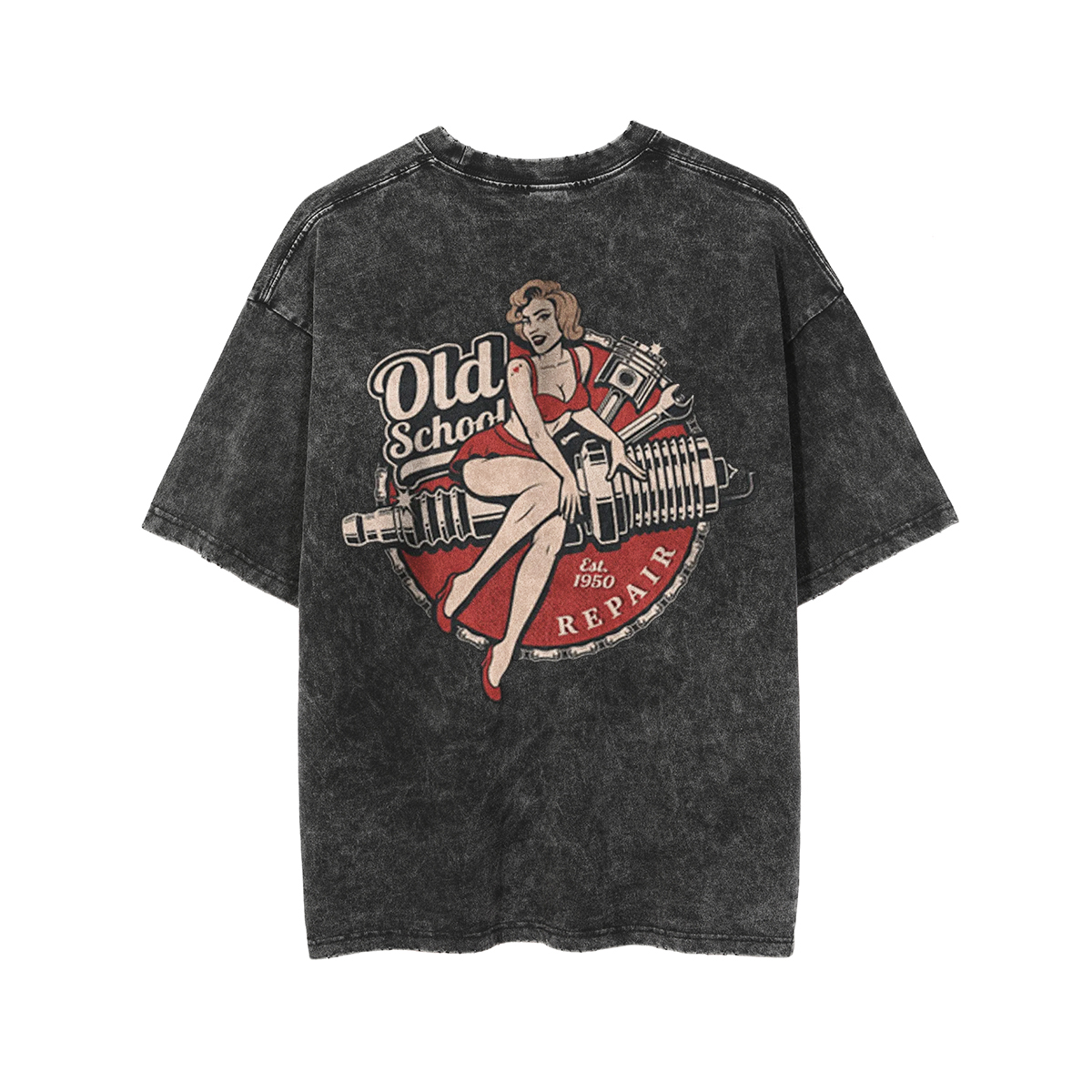 OLD SCHOOL Motorcycle Lady Black Print Washed T-shirt