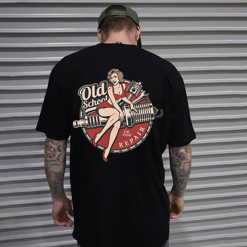 OLD SCHOOL Motorcycle Lady Black Print T-Shirt