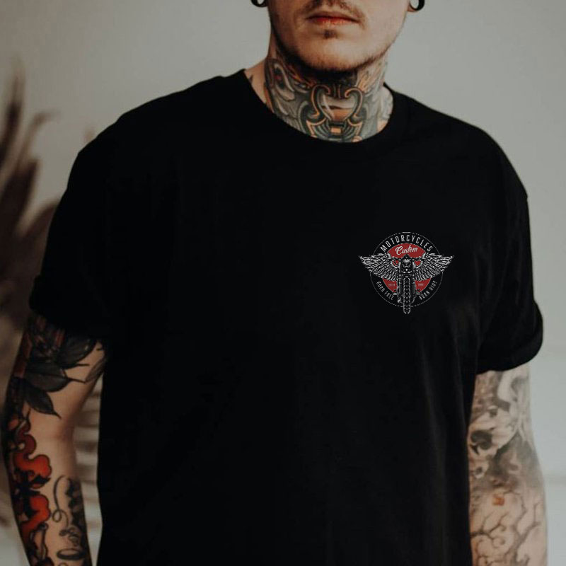 MOTORCYCLES BORN FREE Motor with Wings Casual Graphic Black Print T-shirt