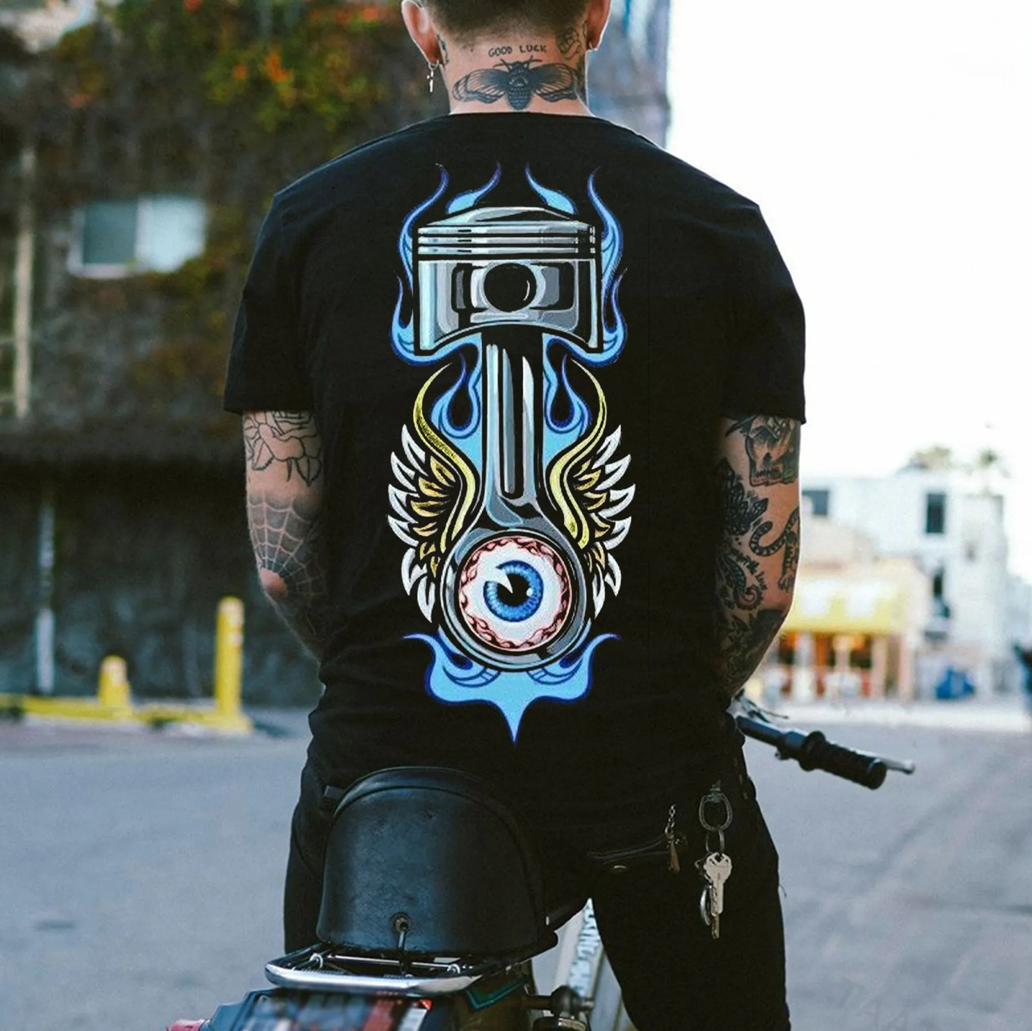 Burning Piston & Eyeball With Wings Von Dutch Print Men's T-shirt