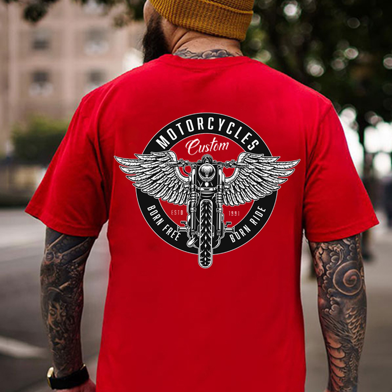 MOTORCYCLES BORN FREE Motor with Wings Casual Graphic Black Print T-shirt