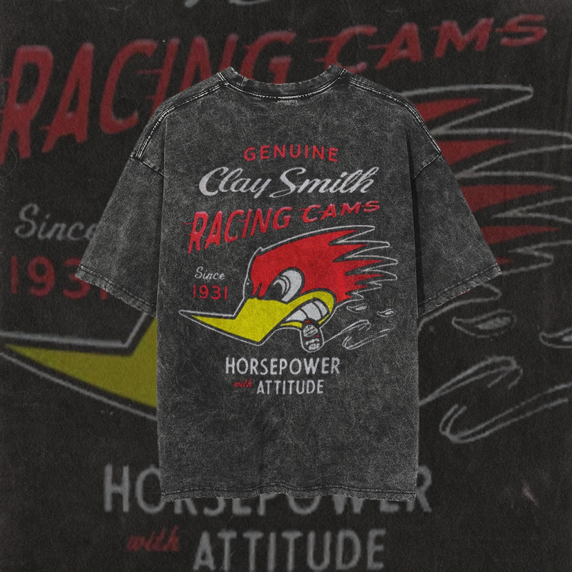 GENUINE CLAY SMITH RACING CAMS HORSEPOWER ATTITUDE Print Men's Washed T-shirt